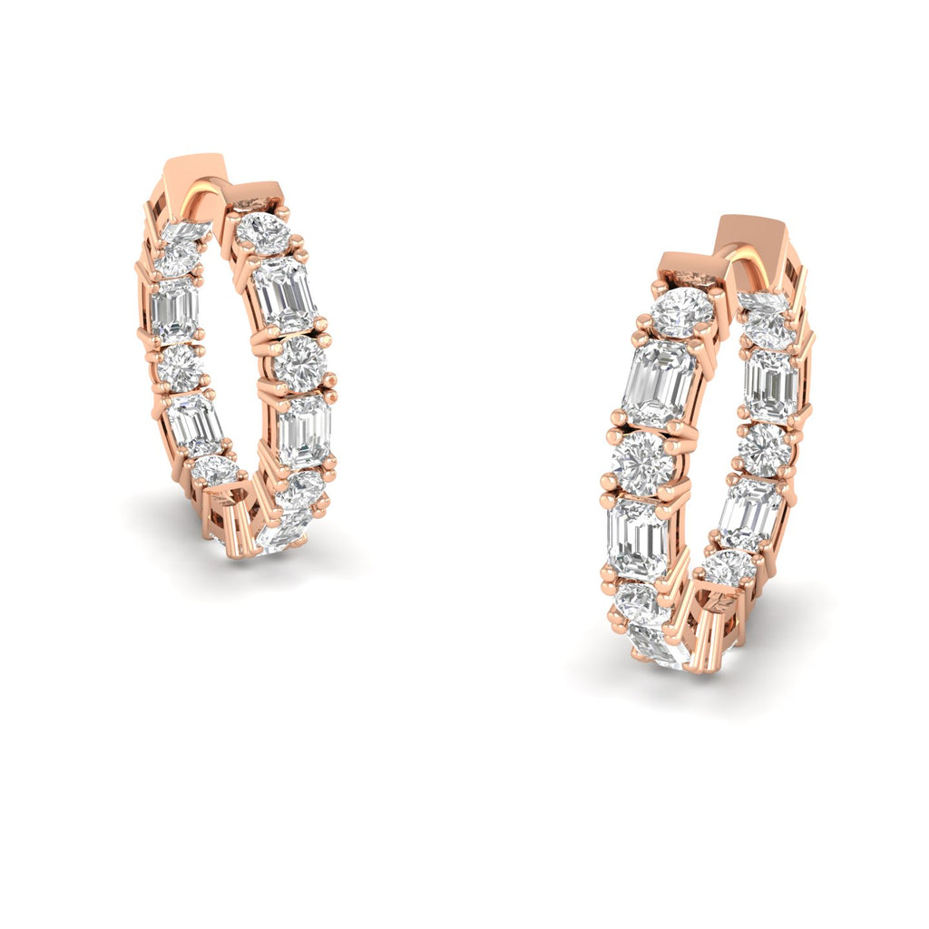 Elegant round and emerald cut diamond hoop earrings featuring a combination of radiant round diamonds and sleek emerald-cut stones, set in premium metal | Rose Gold | Side View