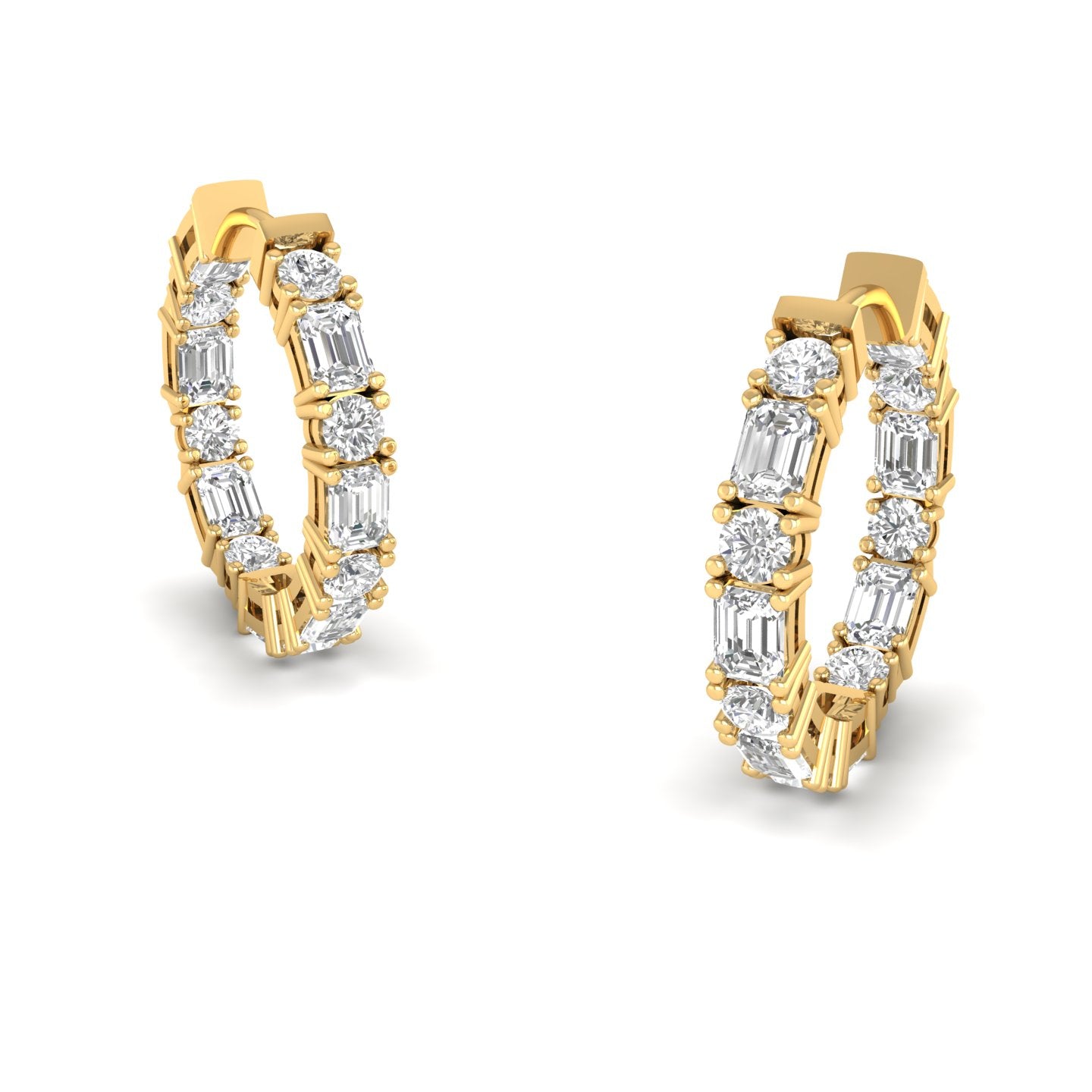 Elegant round and emerald cut diamond hoop earrings featuring a combination of radiant round diamonds and sleek emerald-cut stones, set in premium metal | Yellow Gold | Side View