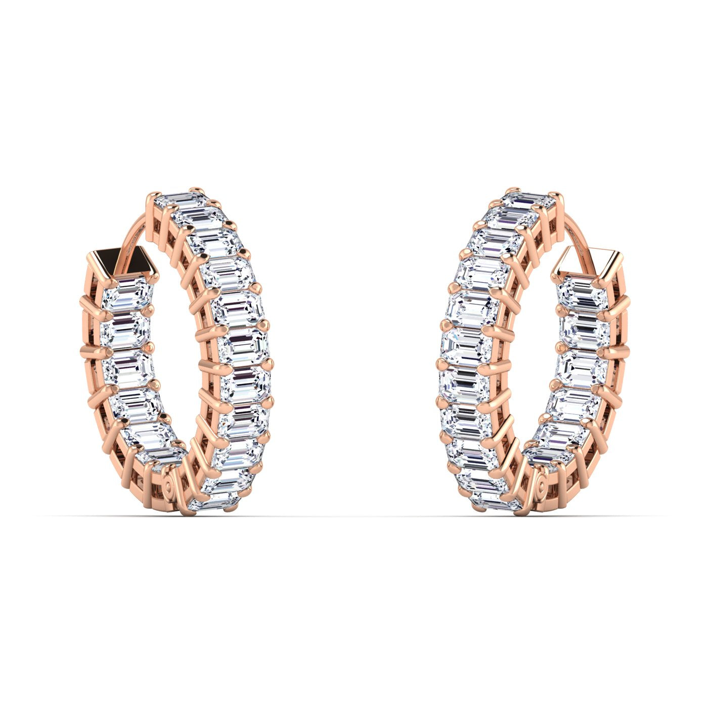 Stunning lush emerald cut diamond hoop earrings, featuring elegant emerald-cut diamonds set in a sleek metal frame, offering a sophisticated and luxurious look | Rose Gold | Side View