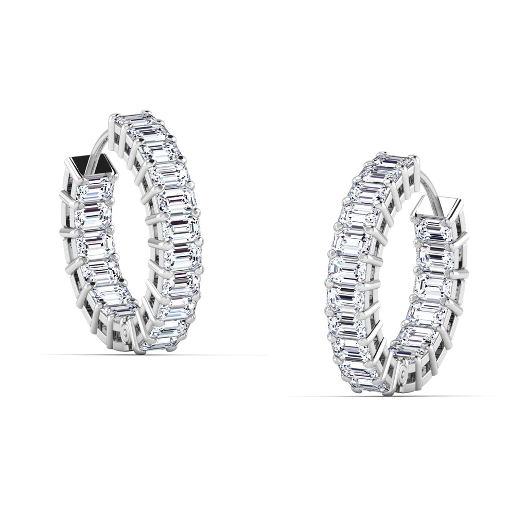 Stunning lush emerald cut diamond hoop earrings, featuring elegant emerald-cut diamonds set in a sleek metal frame, offering a sophisticated and luxurious look | White Gold | Side View