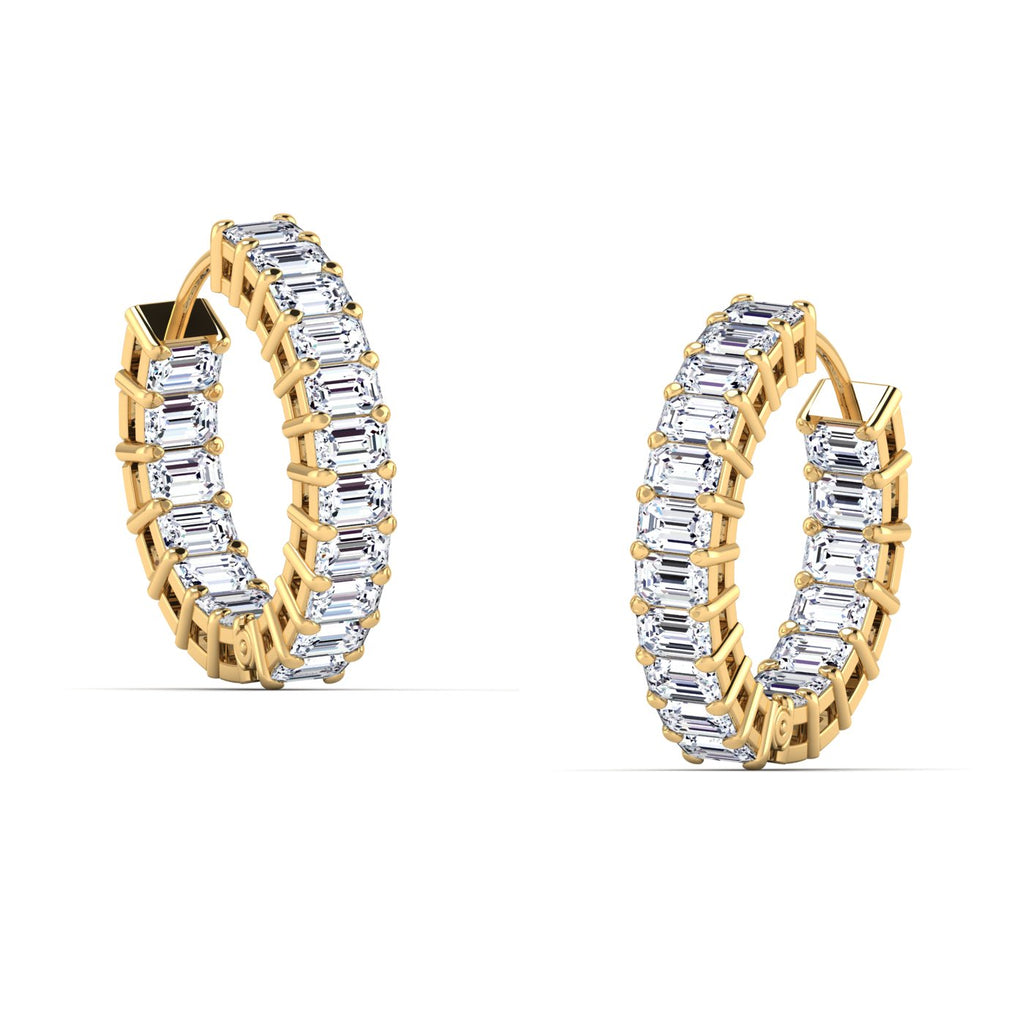 Stunning lush emerald cut diamond hoop earrings, featuring elegant emerald-cut diamonds set in a sleek metal frame, offering a sophisticated and luxurious look | Yellow Gold | Side View