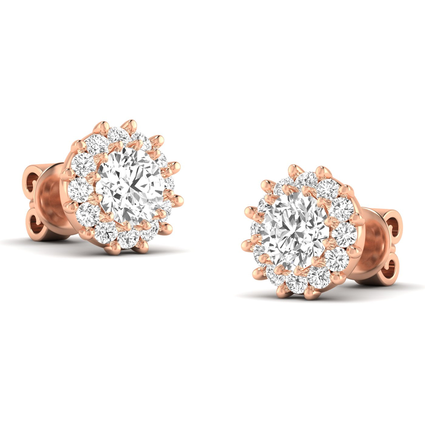 Stunning dazzling diamond halo stud earrings featuring a brilliant center diamond surrounded by a sparkling halo of smaller diamonds | Rose Gold | Front View