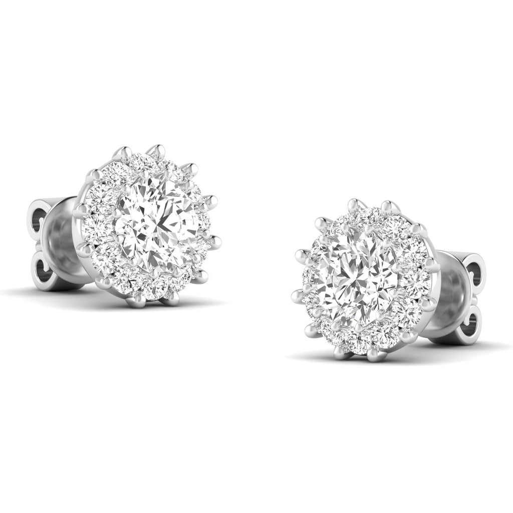 Stunning dazzling diamond halo stud earrings featuring a brilliant center diamond surrounded by a sparkling halo of smaller diamonds | White Gold | Front View