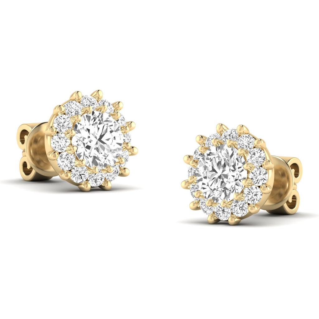 Stunning dazzling diamond halo stud earrings featuring a brilliant center diamond surrounded by a sparkling halo of smaller diamonds | Yellow Gold | Front View