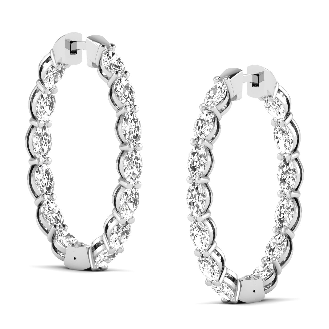 Elegant dazzling oval diamond hoop earrings featuring brilliant diamonds set in a high-quality metal frame, offering a luxurious and sophisticated look | White Gold | Side View