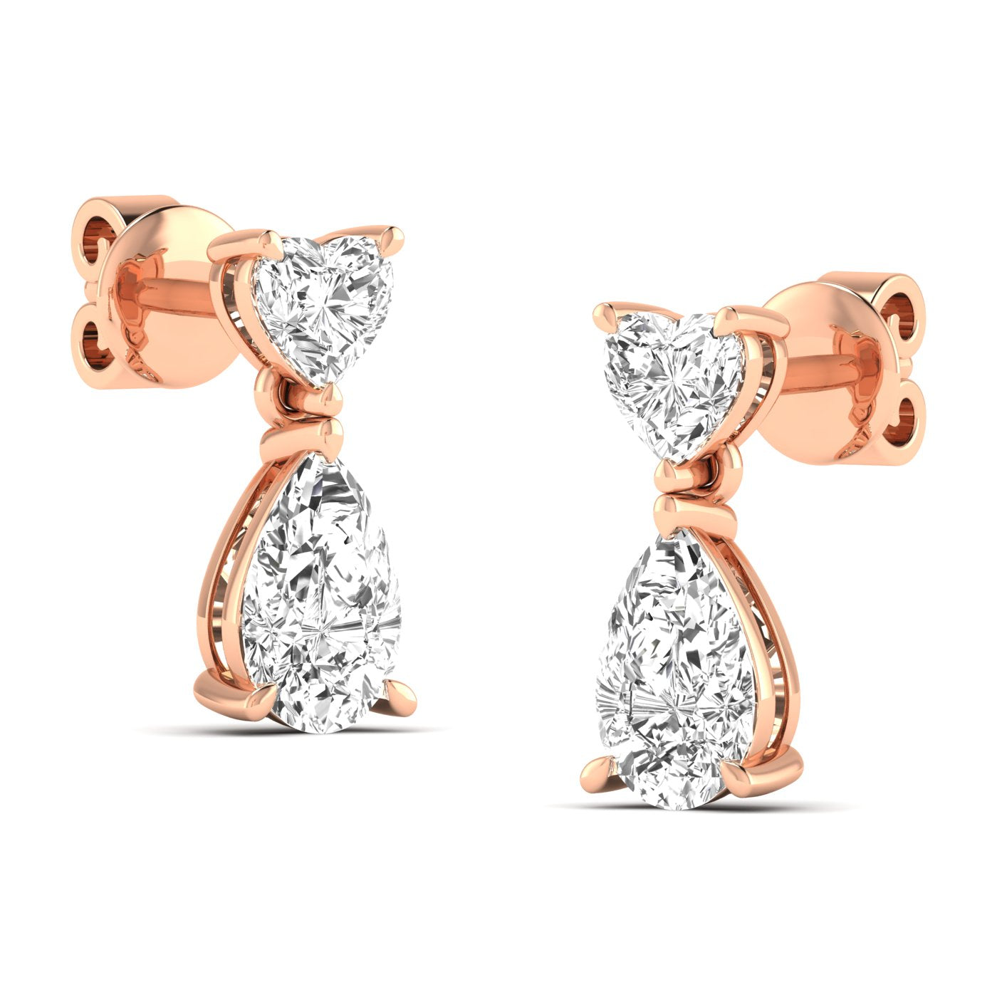 Elegant Heart and Pear Diamonds Drop Earrings featuring a combination of sparkling heart-shaped and pear-shaped diamonds, offering a romantic and sophisticated look | Rose Gold | Side View