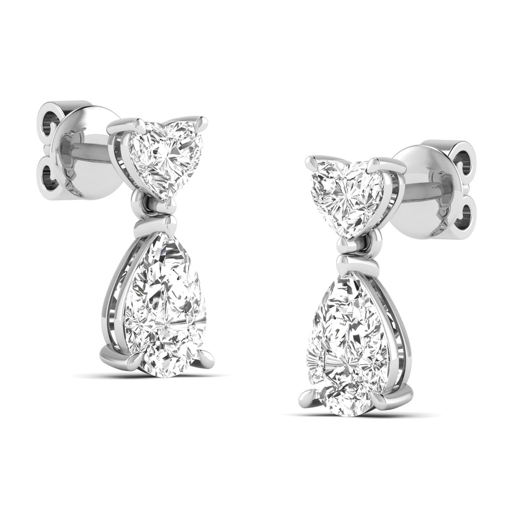 Elegant Heart and Pear Diamonds Drop Earrings featuring a combination of sparkling heart-shaped and pear-shaped diamonds, offering a romantic and sophisticated look | White Gold | Side View