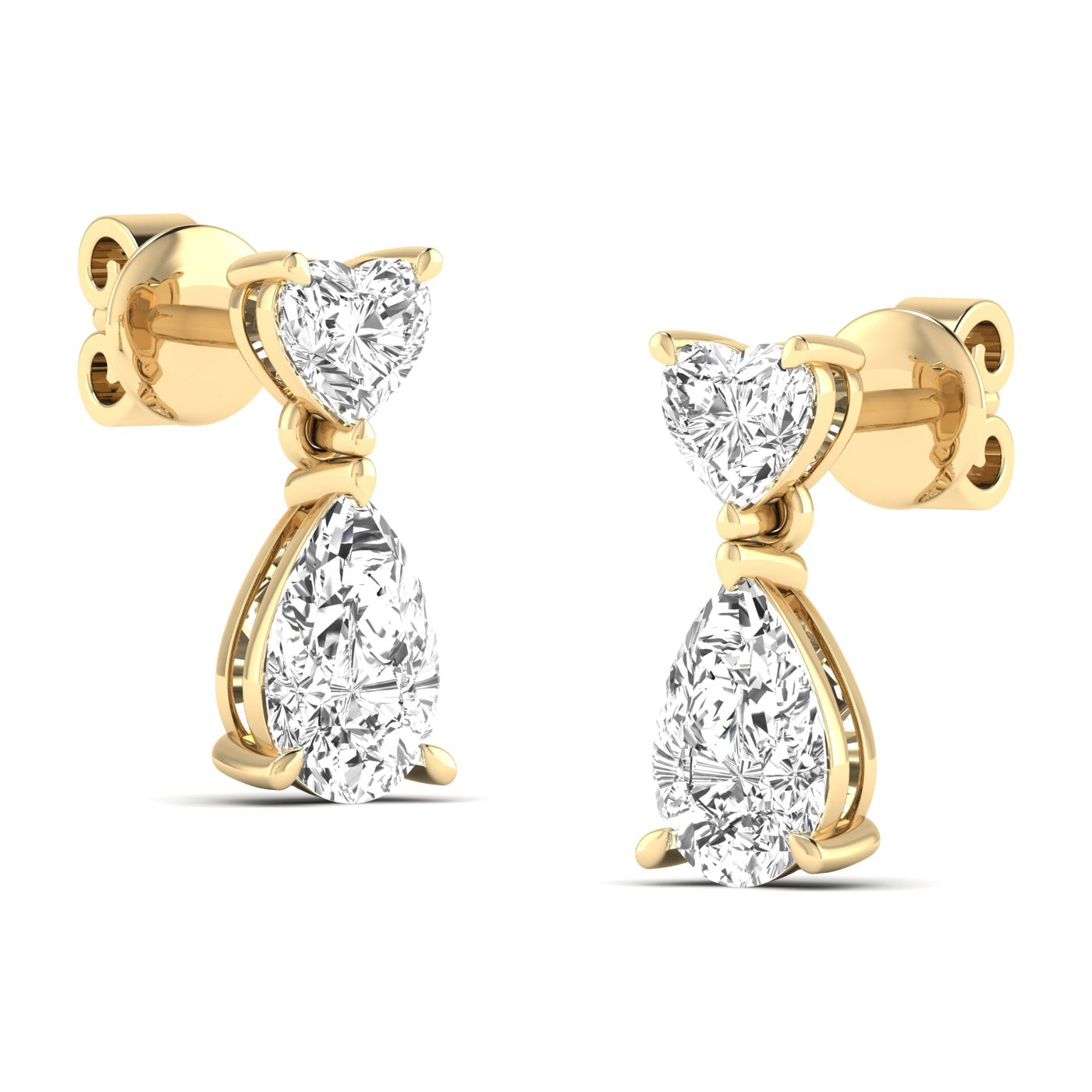 Elegant Heart and Pear Diamonds Drop Earrings featuring a combination of sparkling heart-shaped and pear-shaped diamonds, offering a romantic and sophisticated look | Yellow Gold | Side View