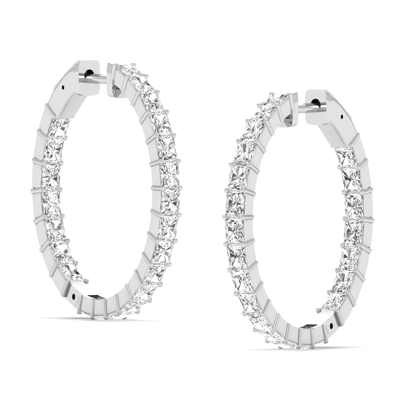 Radiant Cut Diamond Hoop Earrings featuring brilliant radiant-cut diamonds set in a sleek hoop design, offering a bold and elegant look for any occasion | White Gold | Side View