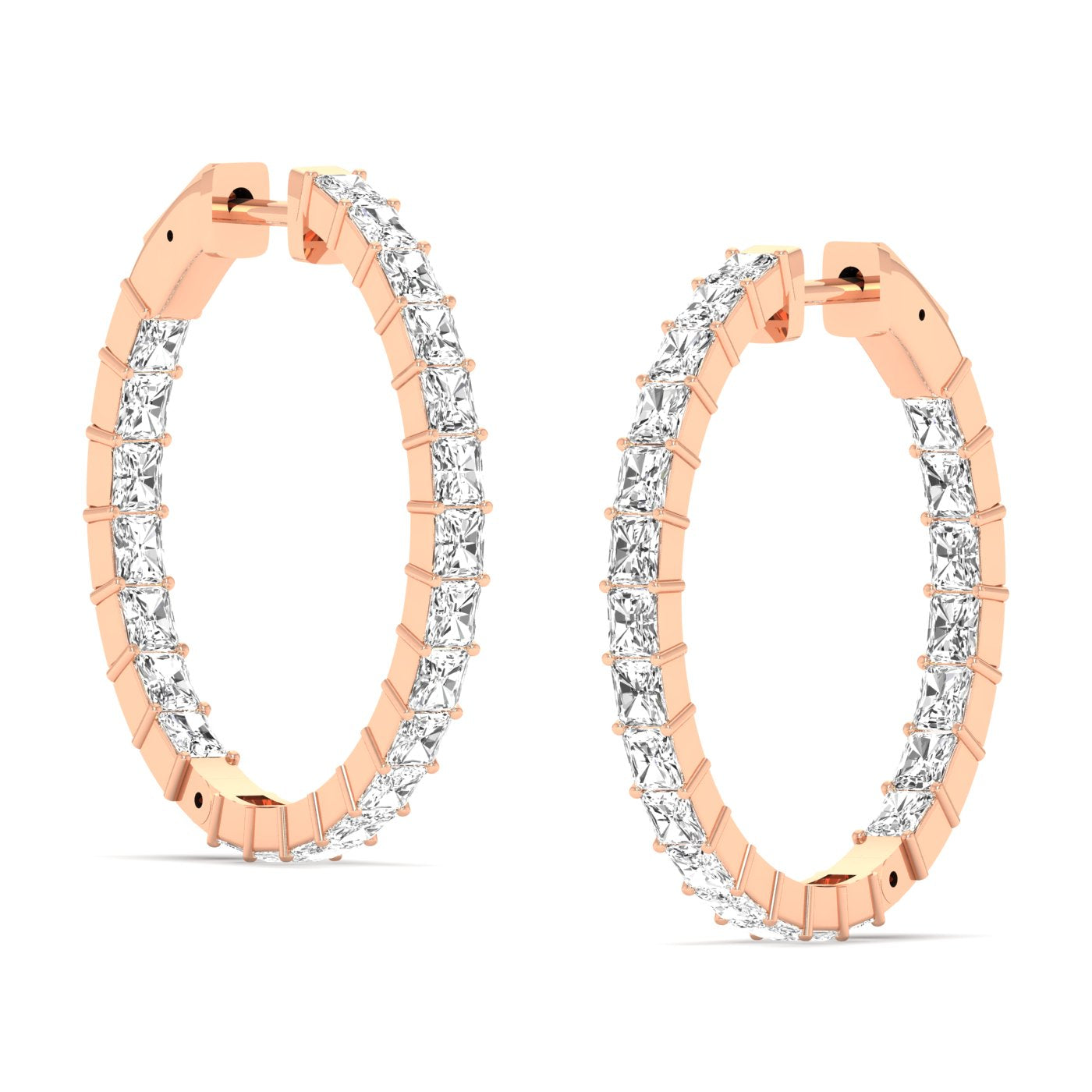 Radiant Cut Diamond Hoop Earrings featuring brilliant radiant-cut diamonds set in a sleek hoop design, offering a bold and elegant look for any occasion | Rose Gold | Side View