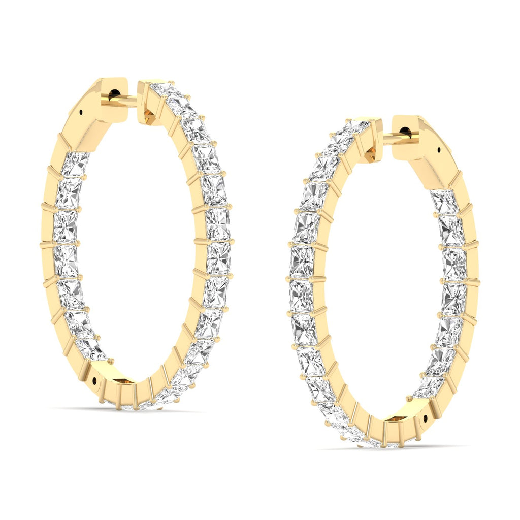 Radiant Cut Diamond Hoop Earrings featuring brilliant radiant-cut diamonds set in a sleek hoop design, offering a bold and elegant look for any occasion | Yellow Gold | Side View