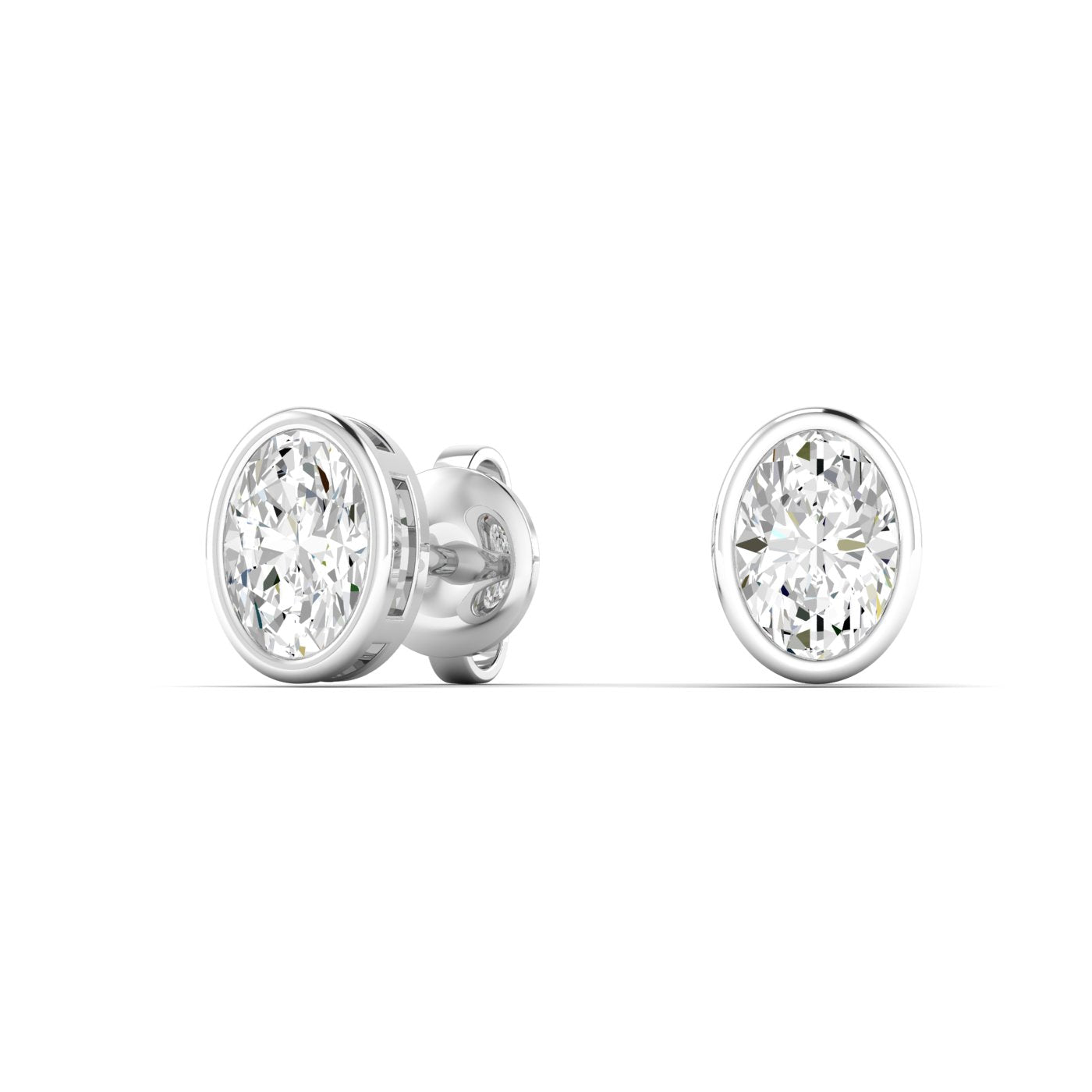 Sophisticated bezel oval diamond stud earrings, featuring a sleek bezel setting that enhances the beauty of the oval-cut diamonds | White Gold | Front View