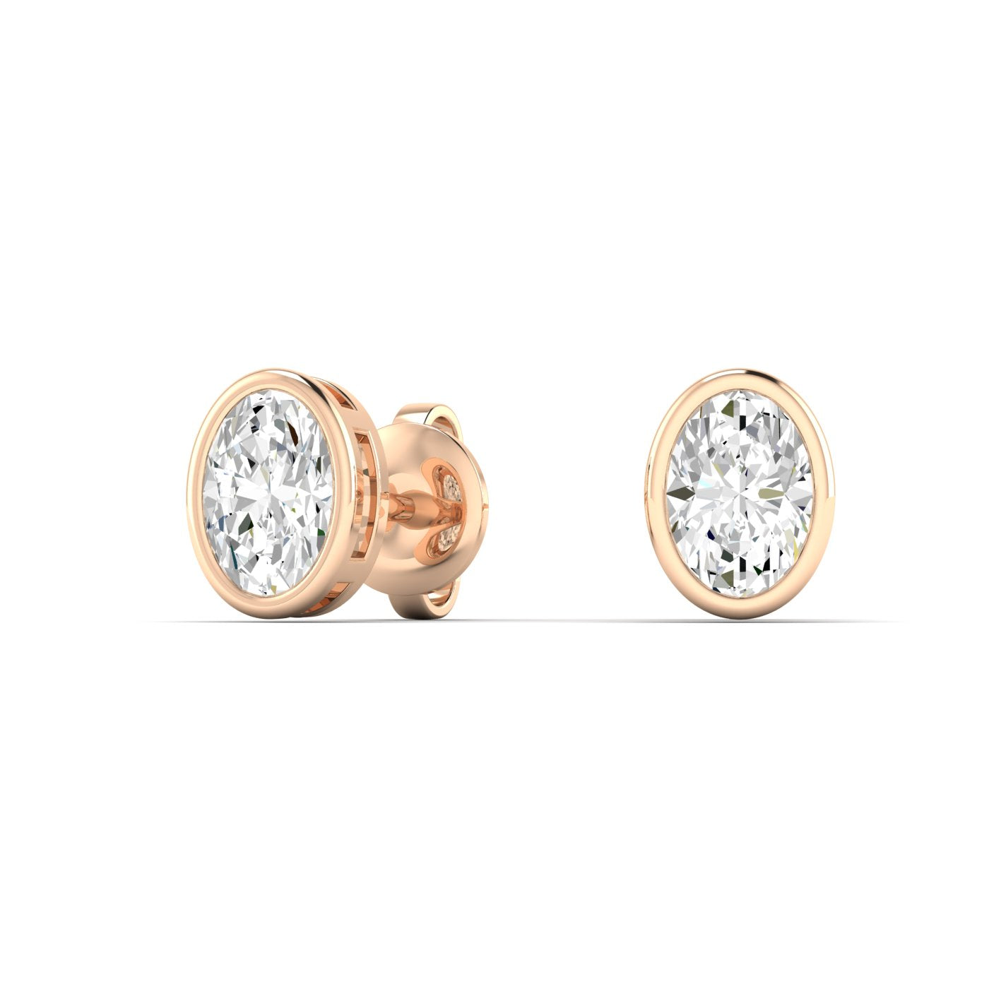 Sophisticated bezel oval diamond stud earrings, featuring a sleek bezel setting that enhances the beauty of the oval-cut diamonds | Rose Gold | Front View