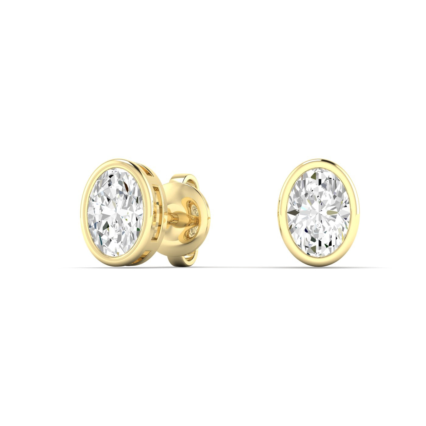 Sophisticated bezel oval diamond stud earrings, featuring a sleek bezel setting that enhances the beauty of the oval-cut diamonds | Yellow Gold | Front View