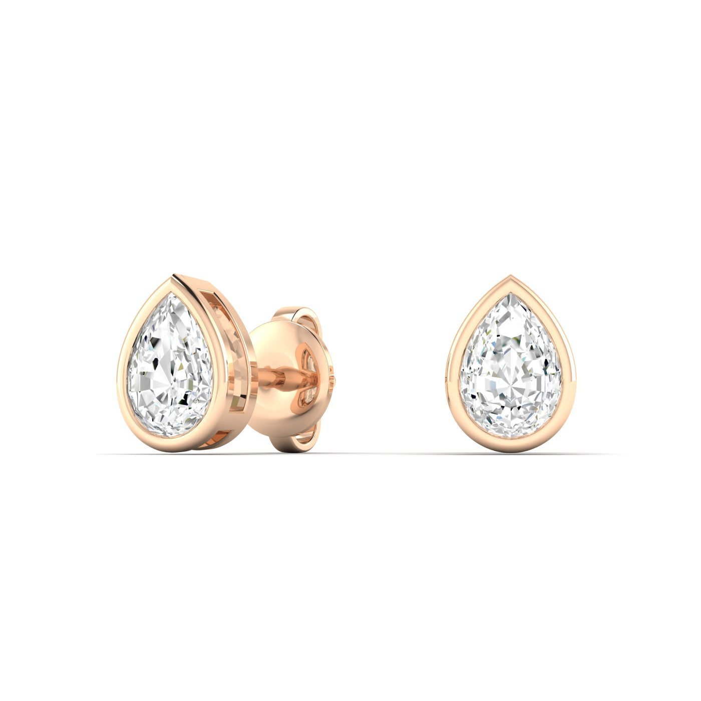 Bezel-set pear-shaped diamond stud earrings featuring elegant pear-cut diamonds in a secure, modern bezel setting for a timeless and sophisticated look | Rose Gold | Front View