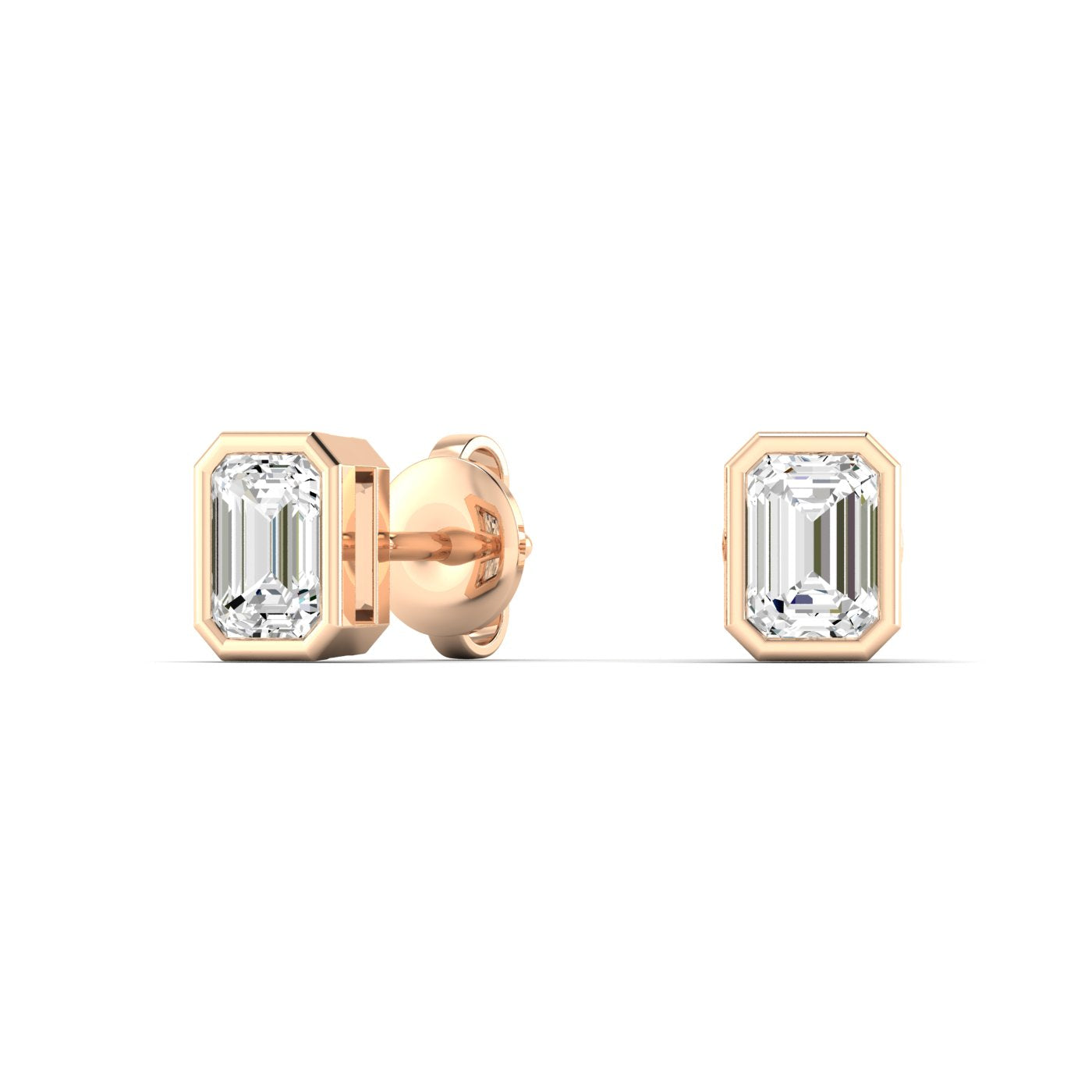 Bezel-set emerald cut diamond stud earrings, featuring sleek and modern design with stunning rectangular diamonds for a sophisticated look | Rose Gold | Front View