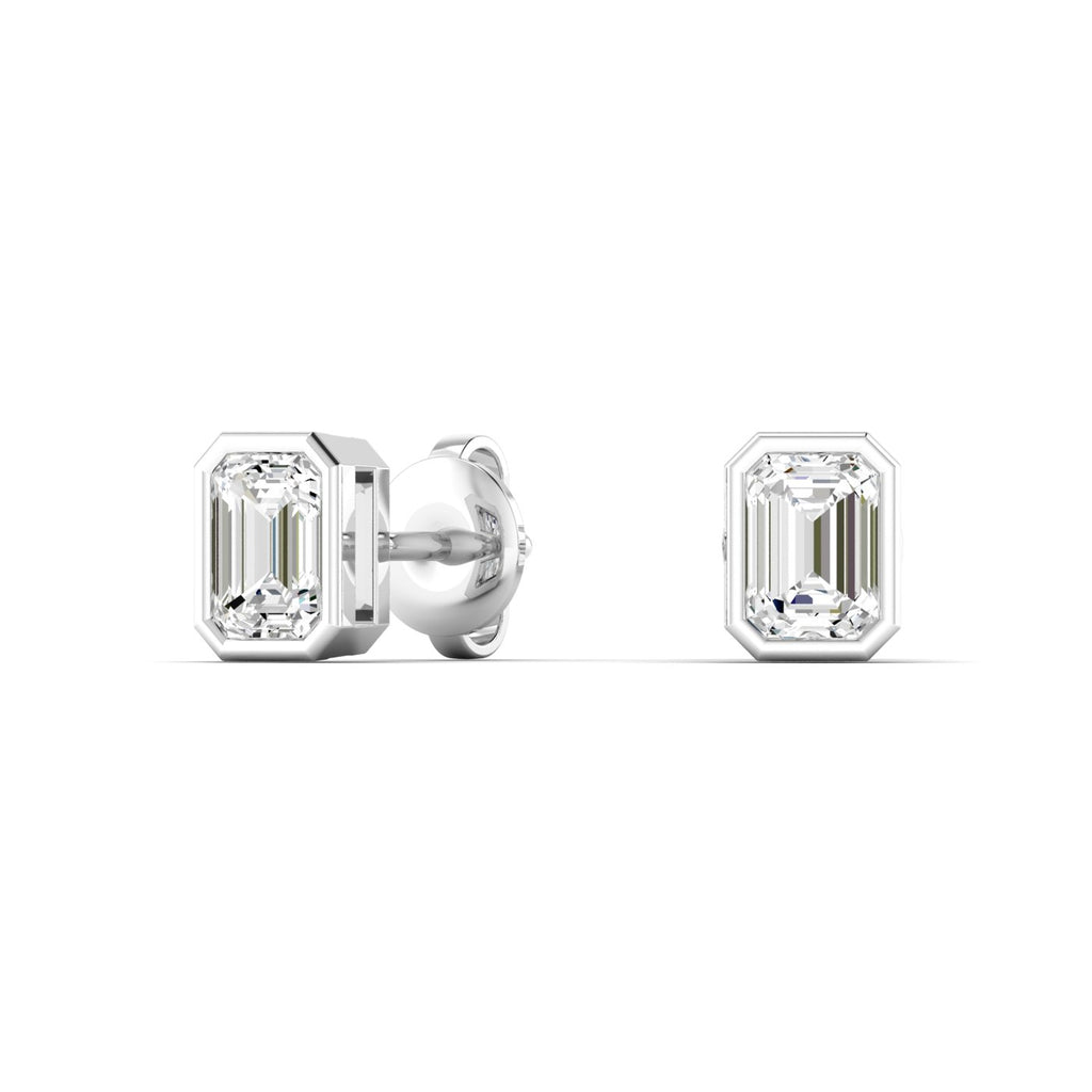 Bezel-set emerald cut diamond stud earrings, featuring sleek and modern design with stunning rectangular diamonds for a sophisticated look | White Gold | Front View