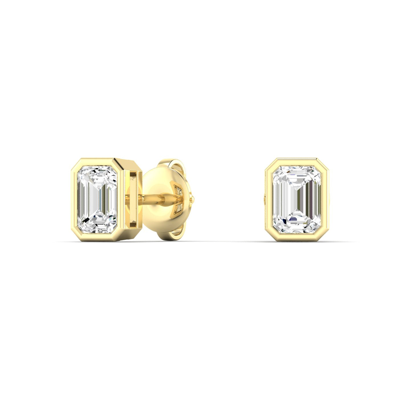 Bezel-set emerald cut diamond stud earrings, featuring sleek and modern design with stunning rectangular diamonds for a sophisticated look | Yellow Gold | Front View