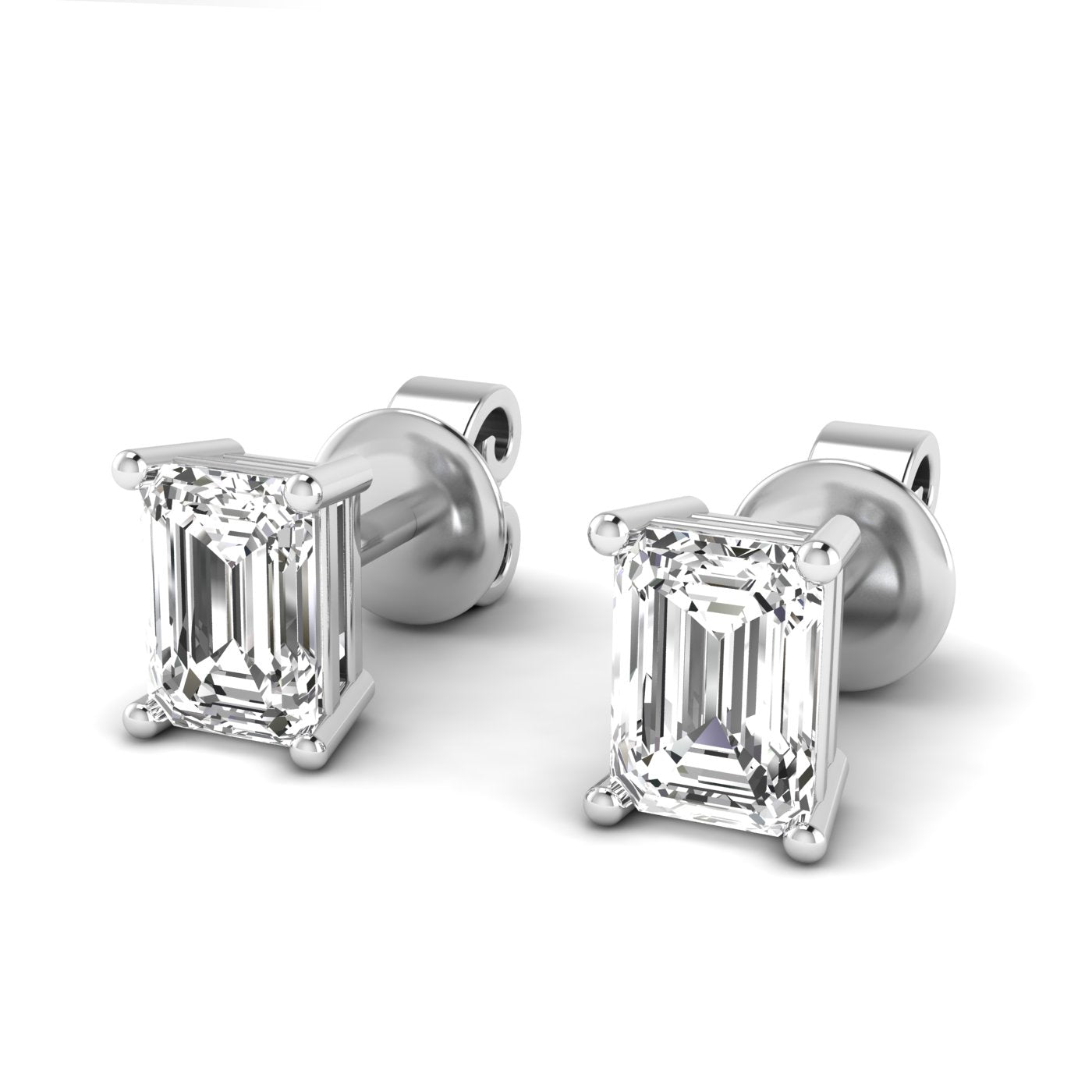 Elegant emerald cut diamond stud earrings featuring timeless, rectangular diamonds set in a sleek metal setting for a sophisticated look | White Gold | Front View