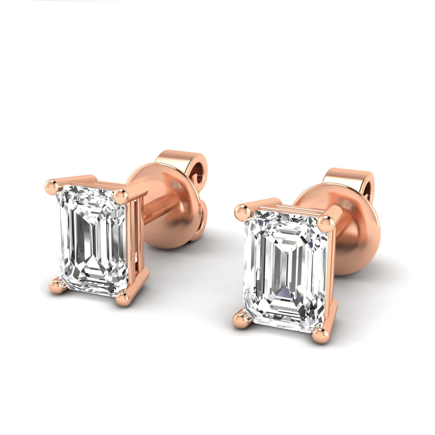 Elegant emerald cut diamond stud earrings featuring timeless, rectangular diamonds set in a sleek metal setting for a sophisticated look | Rose Gold | Front View