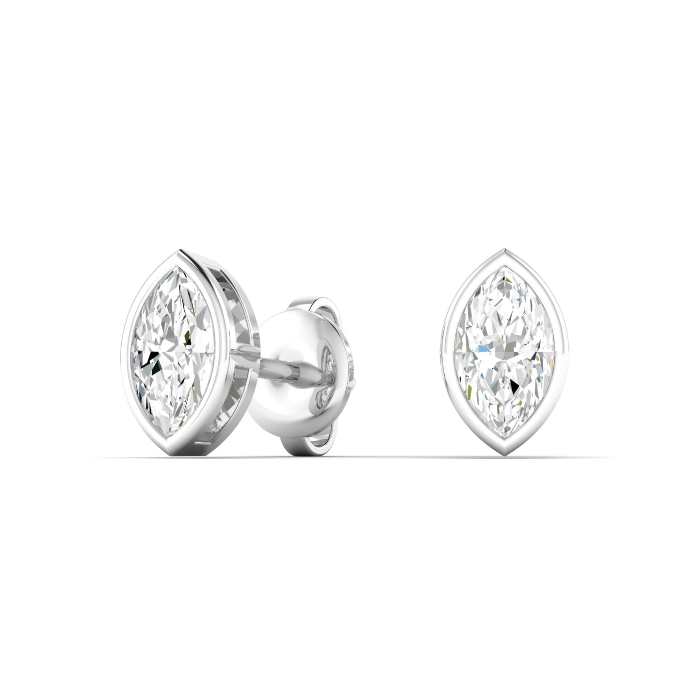 Bezel-set marquise diamond stud earrings featuring elegant marquise-cut diamonds in a secure and modern bezel setting for a sophisticated look | White Gold | Front View