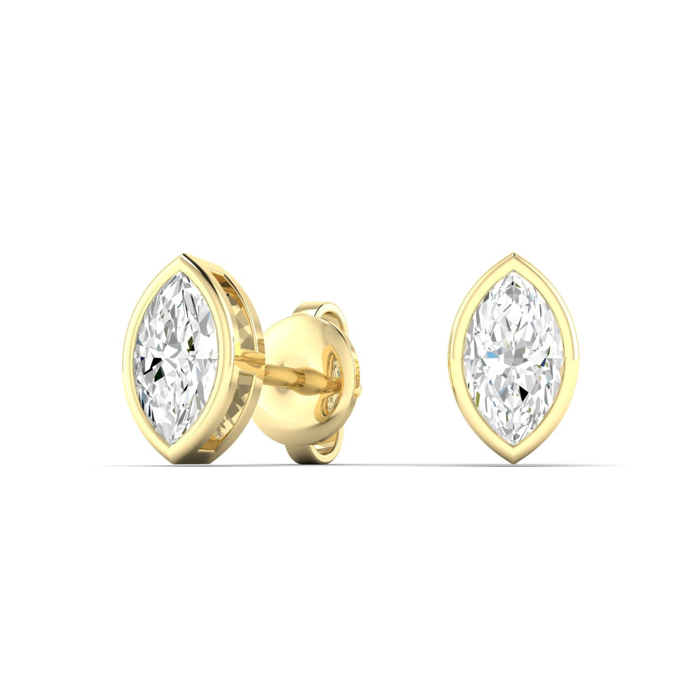 Bezel-set marquise diamond stud earrings featuring elegant marquise-cut diamonds in a secure and modern bezel setting for a sophisticated look | Yellow Gold | Front View