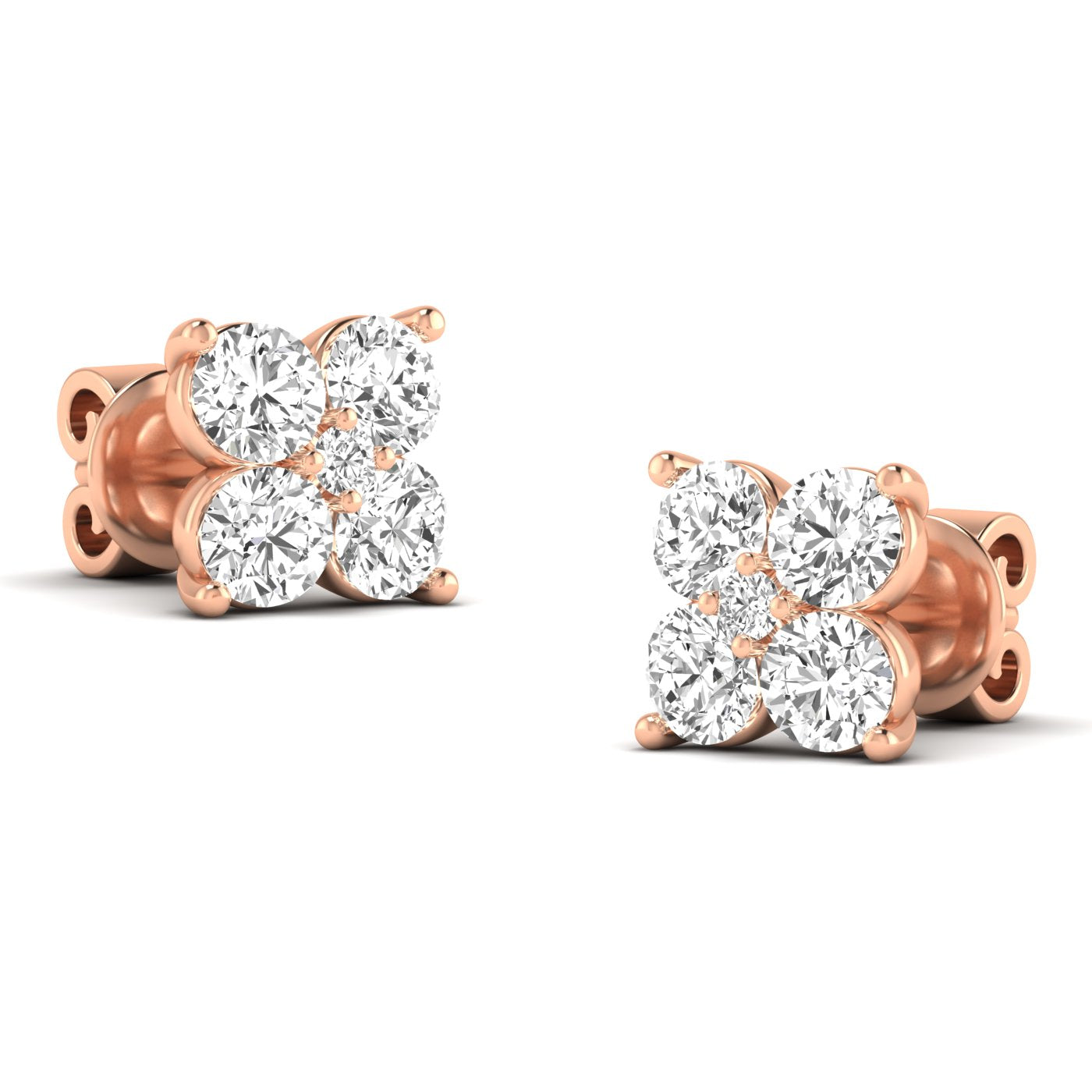 Elegant Quatro diamond cluster stud earrings featuring a unique design with four sparkling diamonds in a luxurious setting | Rose Gold | Front View