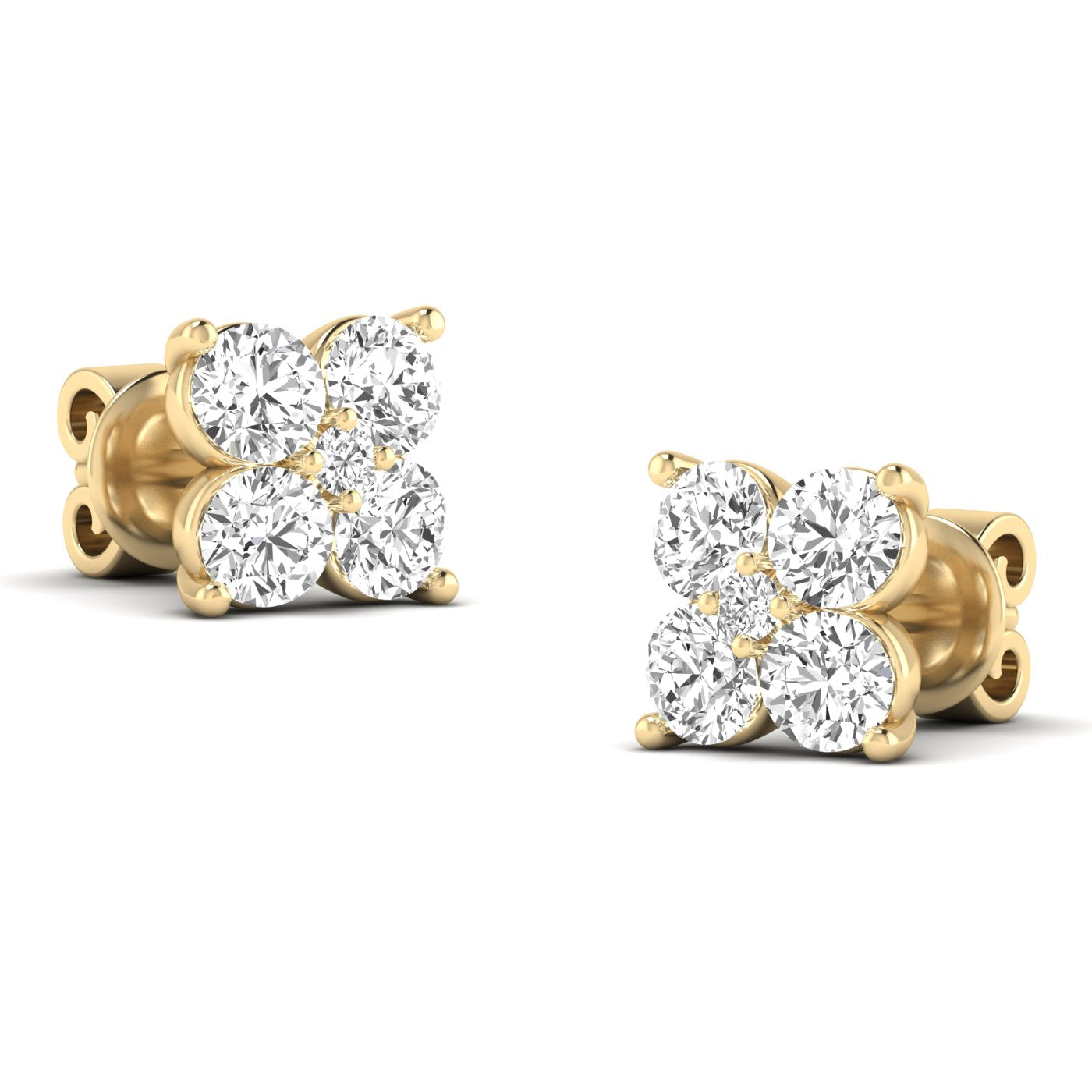 Elegant Quatro diamond cluster stud earrings featuring a unique design with four sparkling diamonds in a luxurious setting | Yellow Gold | Front View