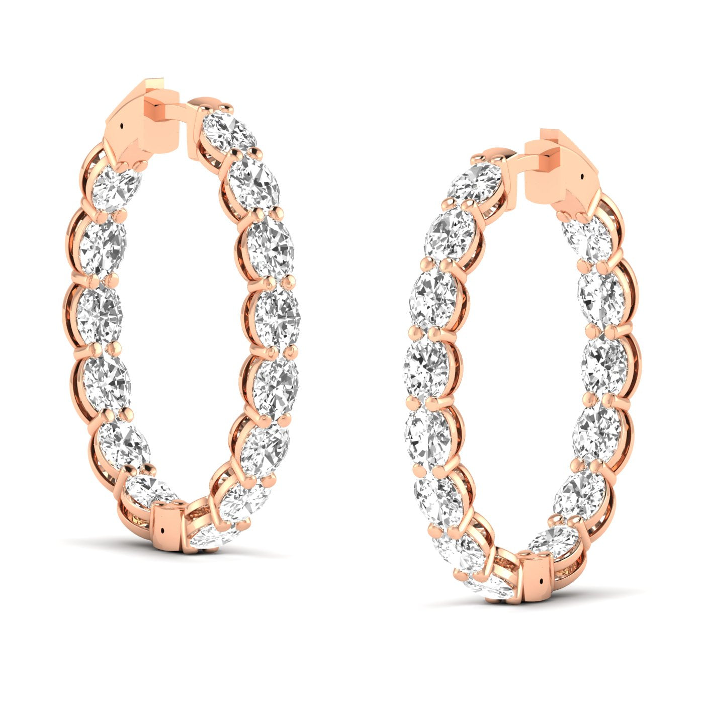 Stunning oval double row diamond hoop earrings featuring two rows of dazzling diamonds set in fine metal, offering a luxurious and eye-catching design | Rose Gold | Side View