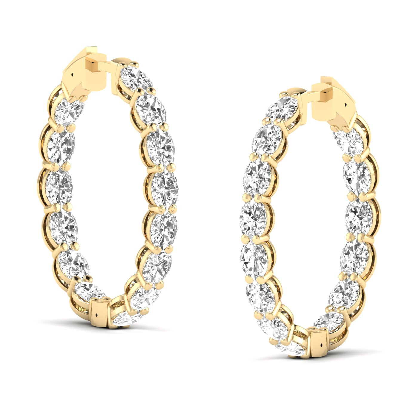 Stunning oval double row diamond hoop earrings featuring two rows of dazzling diamonds set in fine metal, offering a luxurious and eye-catching design | Yellow Gold | Side View