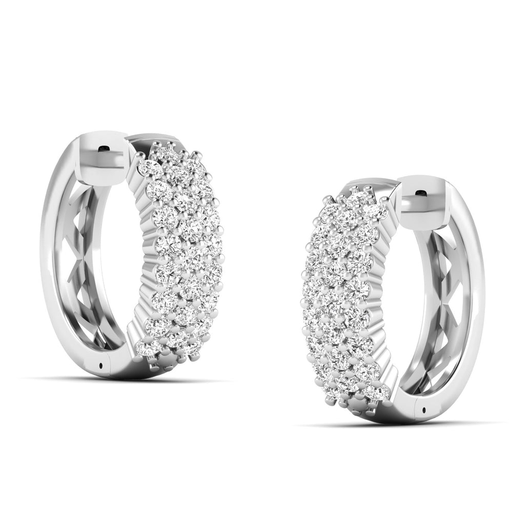 Stunning round cluster diamond hoop earrings with intricate diamond arrangement, set in fine metal, offering a bold, glamorous look perfect for special occasions | White Gold | Side View