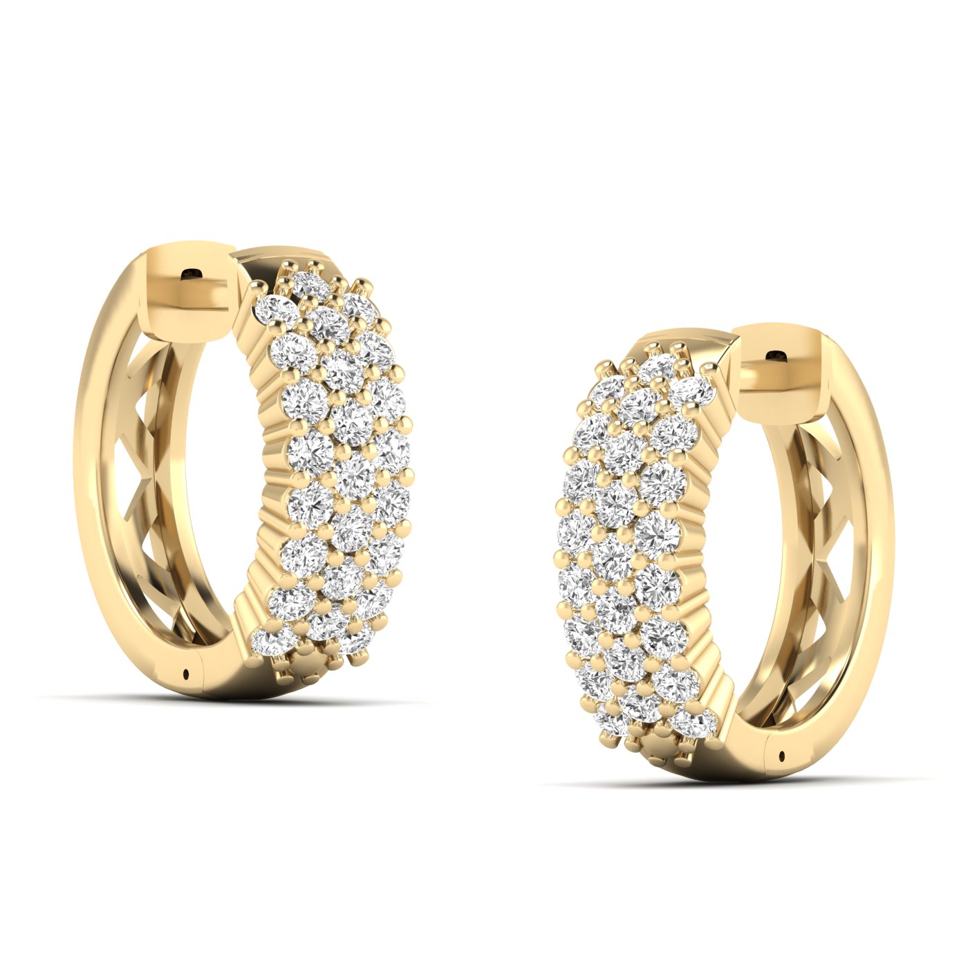 Stunning round cluster diamond hoop earrings with intricate diamond arrangement, set in fine metal, offering a bold, glamorous look perfect for special occasions | Yellow Gold | Side View