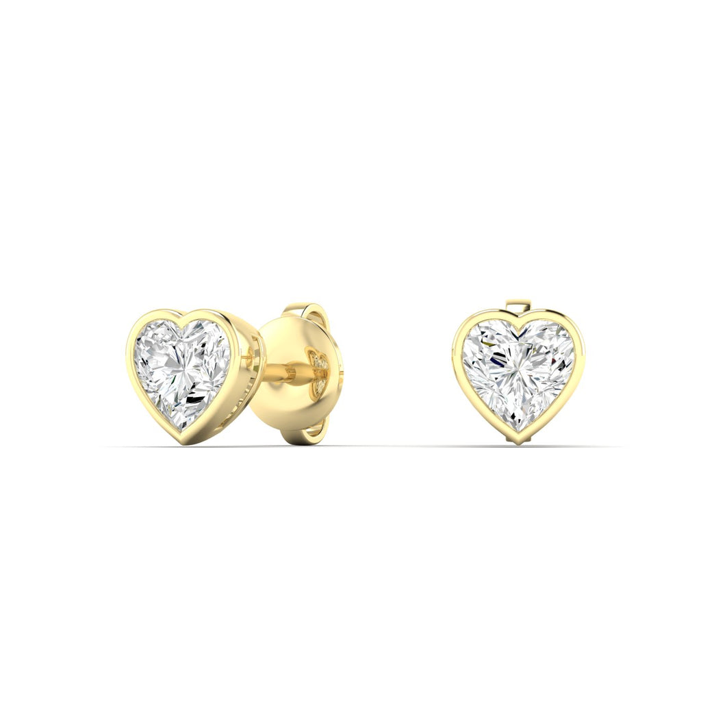 Bezel-set heart diamond stud earrings featuring sparkling heart-shaped diamonds in a secure, modern bezel setting for a romantic and elegant look | Yellow Gold | Front View