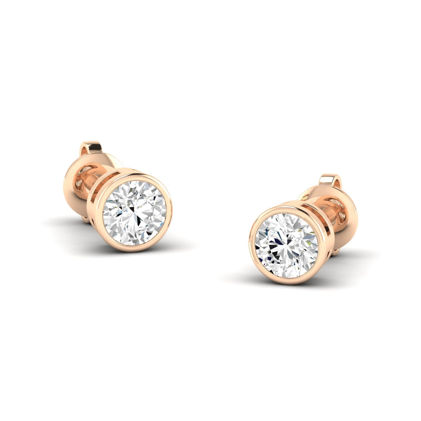 Classic round bezel diamond stud earrings, set in a sleek metal setting for a sophisticated and modern look | Rose Gold | Front View