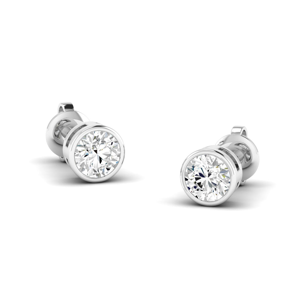 Classic round bezel diamond stud earrings, set in a sleek metal setting for a sophisticated and modern look | White Gold | Front View