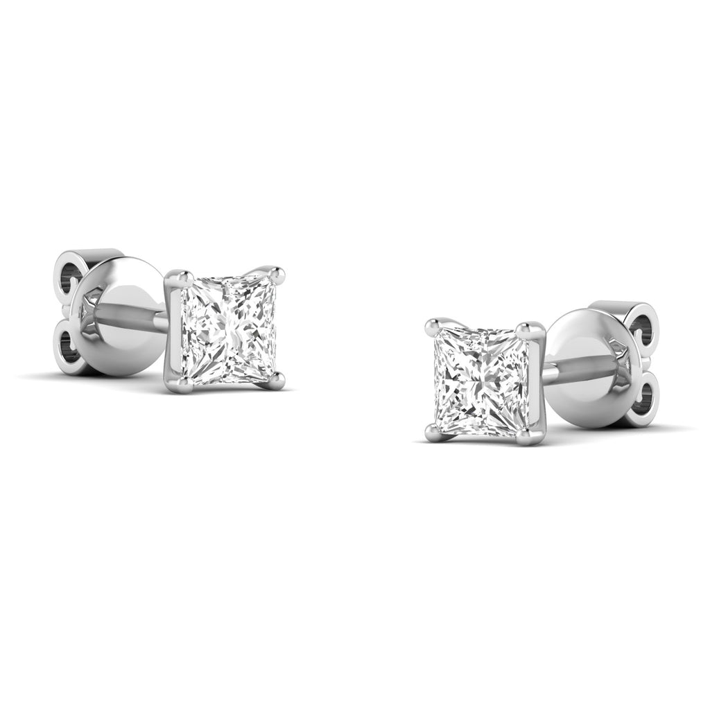 Elegant princess cut diamond stud earrings set in a sleek metal setting, offering a brilliant and modern look | White Gold | Side View