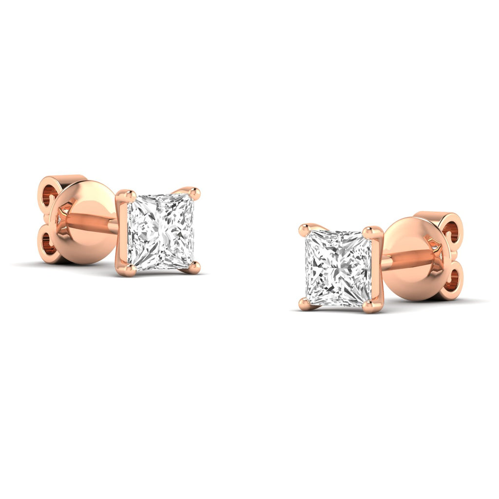 Elegant princess cut diamond stud earrings set in a sleek metal setting, offering a brilliant and modern look | Rose Gold | Side View