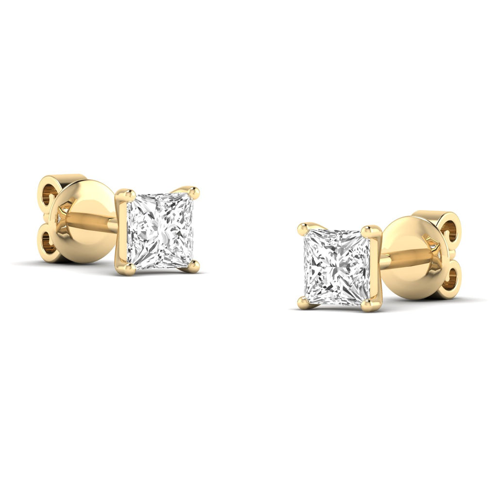 Elegant princess cut diamond stud earrings set in a sleek metal setting, offering a brilliant and modern look | Yellow Gold | Side View