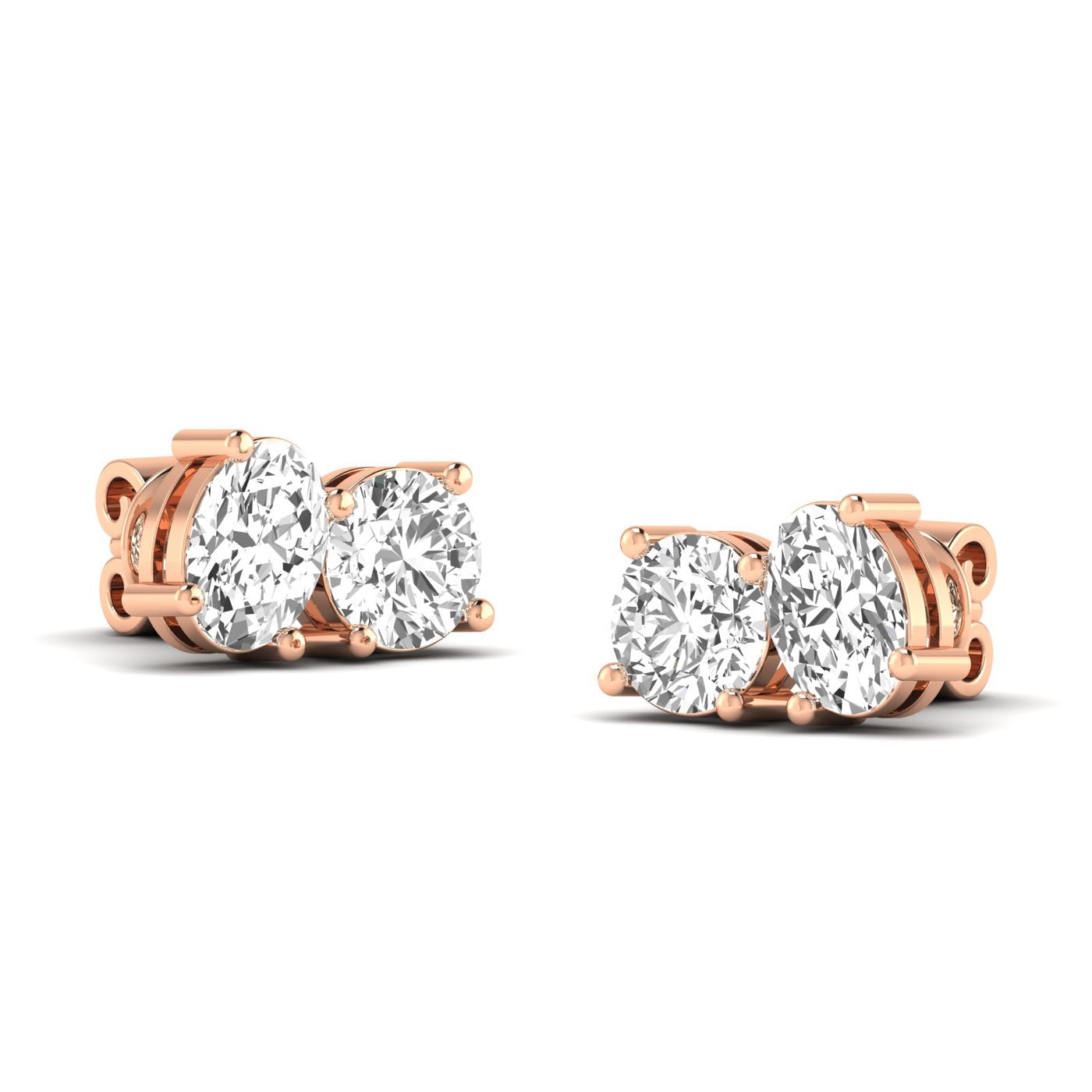 Timeless Round &amp; Oval Diamond Toi et Moi Earrings featuring a classic and elegant design with sparkling diamonds | Rose Gold | Front View