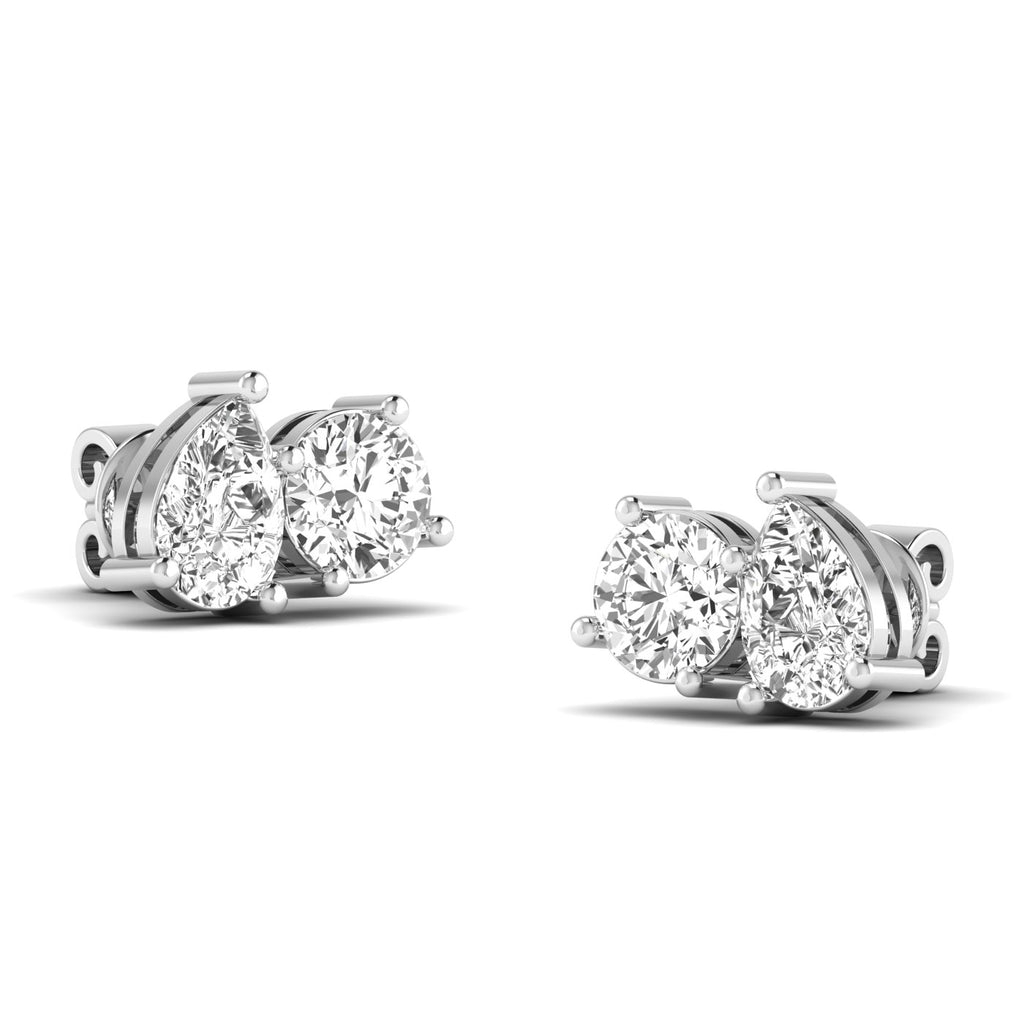 Elegant round and pear diamond Toi et Moi earrings in platinum setting, symbolizing love and unity | White Gold | Front View