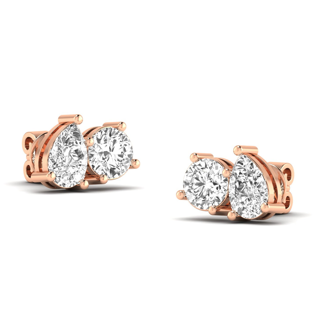 Elegant round and pear diamond Toi et Moi earrings in platinum setting, symbolizing love and unity | Rose Gold | Front View