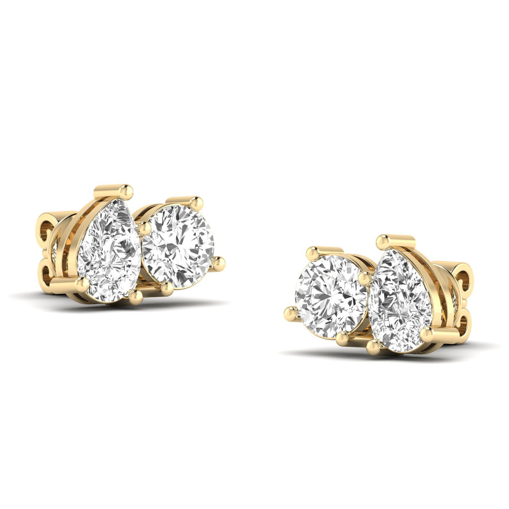 Elegant round and pear diamond Toi et Moi earrings in platinum setting, symbolizing love and unity | Yellow Gold | Front View