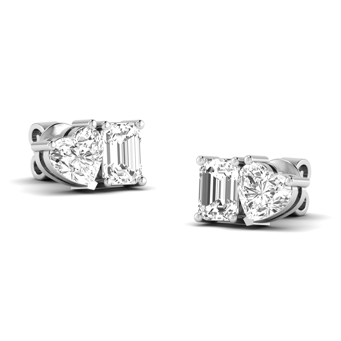 Elegant emerald cut heart diamond Toi et Moi earrings in a luxurious platinum setting, symbolizing love and timeless beauty | White Gold | Front View