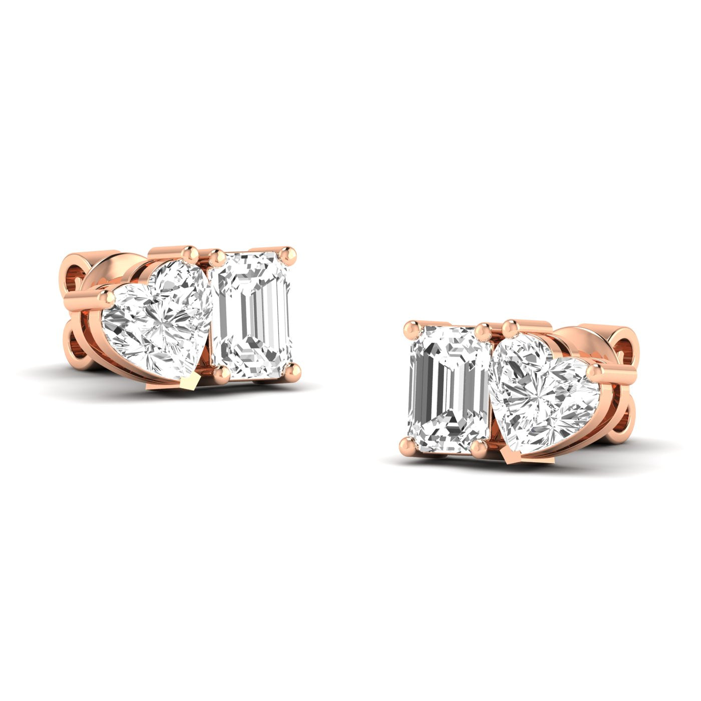 Elegant emerald cut heart diamond Toi et Moi earrings in a luxurious platinum setting, symbolizing love and timeless beauty | Rose Gold | Front View