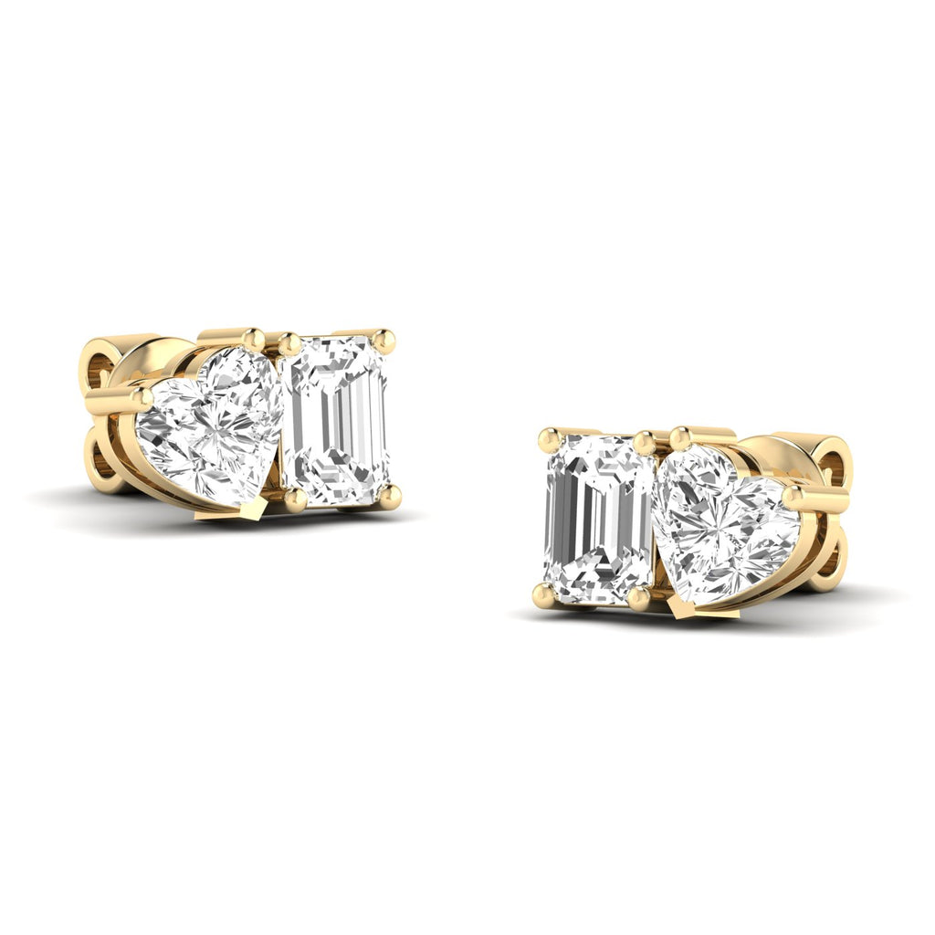 Elegant emerald cut heart diamond Toi et Moi earrings in a luxurious platinum setting, symbolizing love and timeless beauty | Yellow Gold | Front View