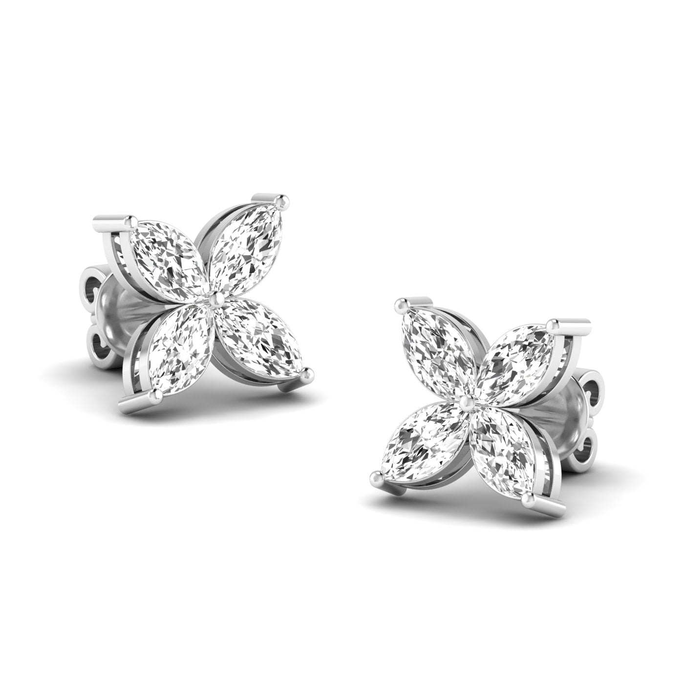 Stunning marquise cluster pedal stud earrings with brilliant diamonds, designed for elegance and sophistication in a timeless setting | White Gold | Front View