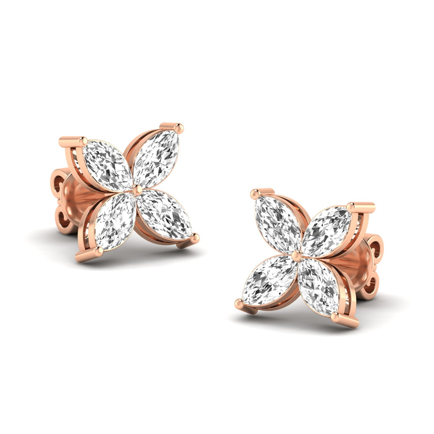 Stunning marquise cluster pedal stud earrings with brilliant diamonds, designed for elegance and sophistication in a timeless setting | Rose Gold | Front View