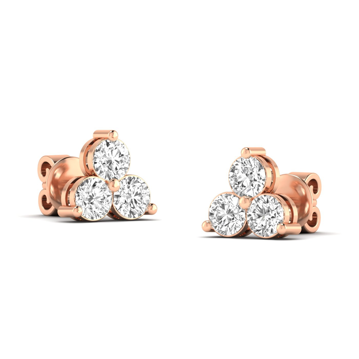 Elegant Trinity round diamond stud earrings set in platinum, symbolizing timeless beauty and sophistication | Rose Gold | Front View