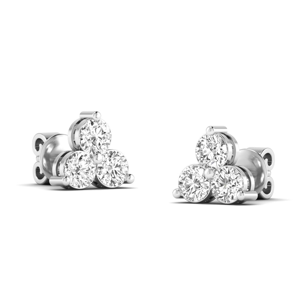 Elegant Trinity round diamond stud earrings set in platinum, symbolizing timeless beauty and sophistication | White Gold | Front View