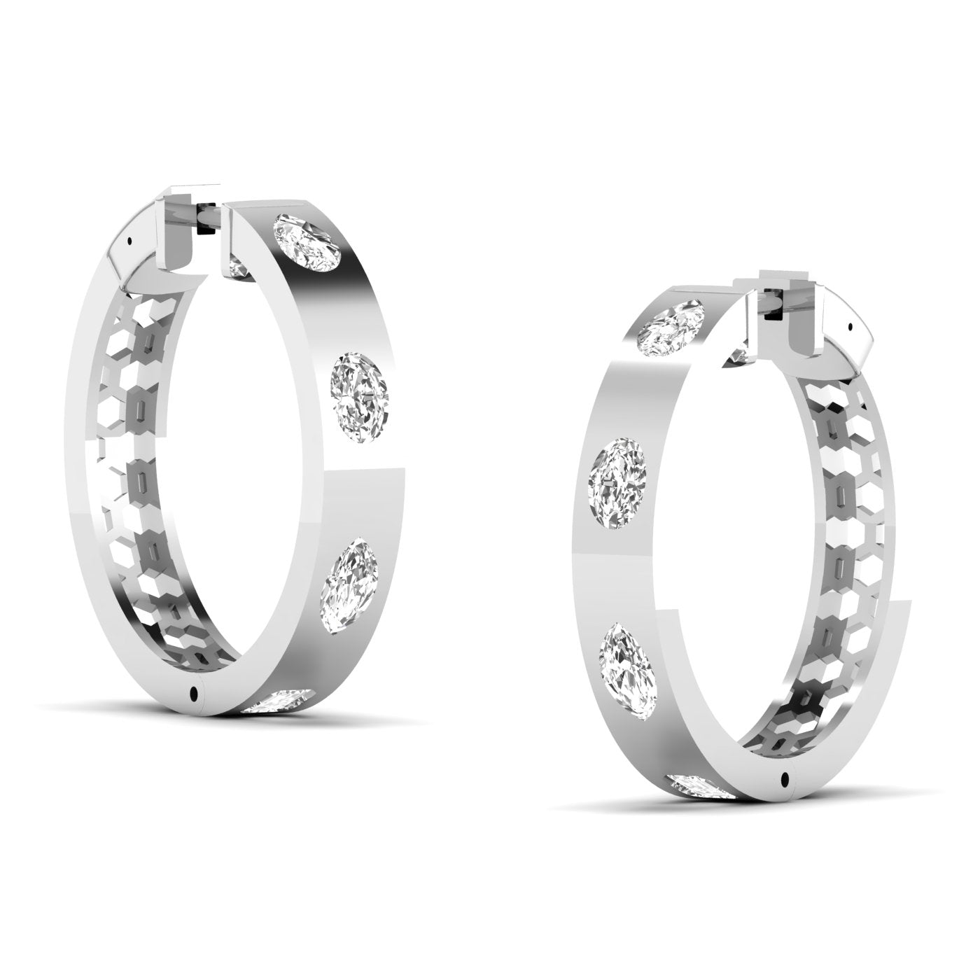 Elegant brilliant oval and pear diamond hoop earrings featuring a mix of oval and pear-shaped diamonds, set in fine metal for a luxurious and unique design | White Gold | Side View